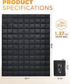 KingCamp Ultralight Camping Blanket, Packable Down Alternative Puffy Wearable Blankets Weatherproof Warm Package Quilt with Snap Buttons for Outdoor Hiking Travel Picnic Stadium (69"L x 53"W, BLACK)