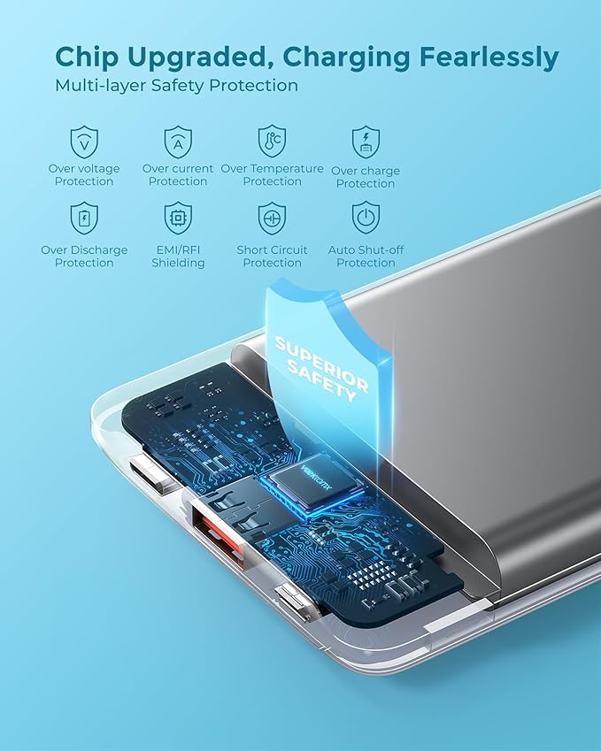 VEEKTOMX Small Portable Charger 10000mAh, Mini Power Bank 22.5W Fast Charging, Slim & Lightweight Travel Essentials, 3-Output External USB C Battery Pack Compatible with iPhone 17 16 15 (Cyan)