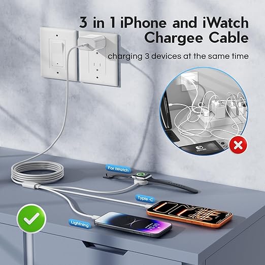 Upgraded Apple Watch Charger, 3 in 1 Multi Charging Cable 6FT, Magnetic Fast Charger, Portable Wireless Fast Charging Cable Cord for iWatch Series Ultra SE 3/11/10/9/8/7/6/iPhone17 16 15/14/13/12/11