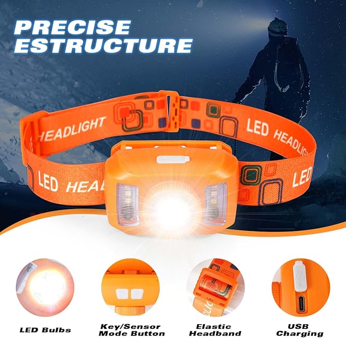 Rechargeable Headlamp Flashlight,Super Bright LED Head Torches,Sensor Control, 6 Light Settings, IPX5 Waterproof & Lightweight, Ideal for Camping, Running & Hiking Outdoor (2, Orange)
