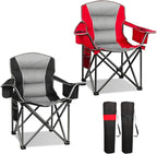 Northroad 2 Pack Oversized Camping Chair, Padded Portable Chairs Heavy Duty Camping Folding Chairs w/Cooler Bag & Cup Holder, Support 400 LBS for Outdoor, Fishing & Garden (Red & Black)