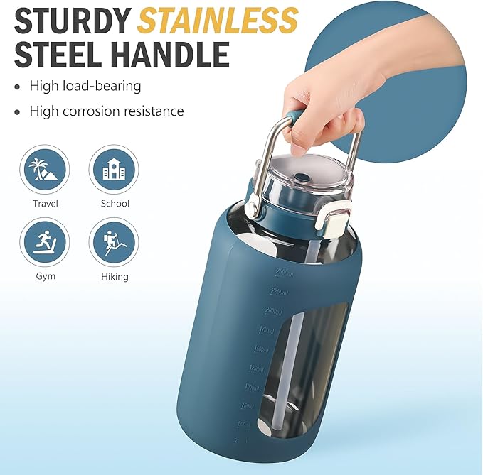 BLUEGO 84oz Water Bottle Glass with Stainless Steel Handle Large 2.5l Water Bottle with Time Markers and Silicone Sleeve Half Gallon Water Jug BPA Free for Gym Daily Use, Dark Blue