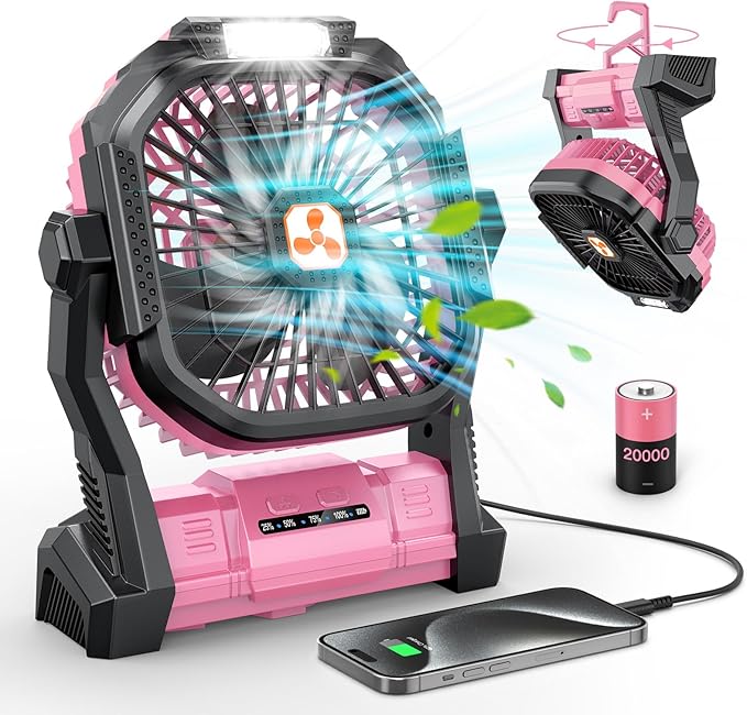 Portable Fan Rechargeable, 20000mAh Cordless Battery Powered Table Fan with LED Lantern, USB C Battery Operated for Camping Tent Office Beach Desk Fishing Travel Home