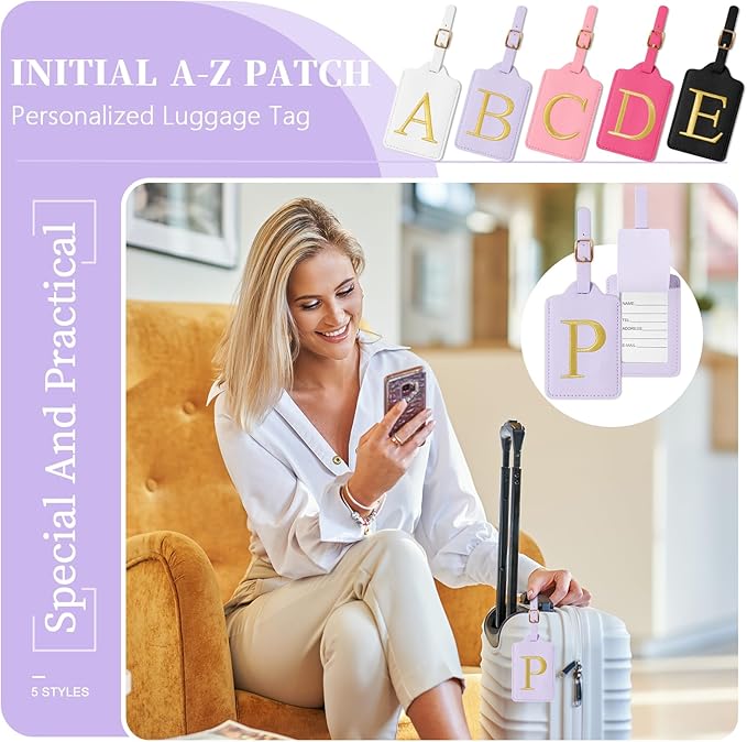 Personalized Initial Luggage Tags for Suitcase, Purple Leather Cute Luggage Tags with Privacy Cover Name Card, Embroidered Custom Monogrammed Luggage Tag Travel Backpack Tags Gifts for Women Kids(P)