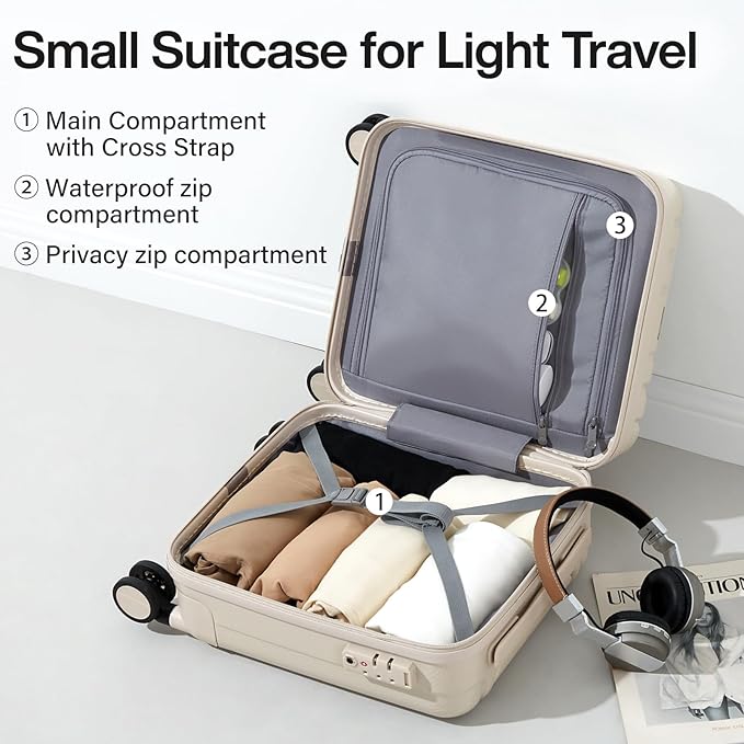 Hanke 14 Inch Underseat Carry On Luggage with Wheels, Lightweight, Waterproof, TSA-Approved, Suitcase, Ivory White