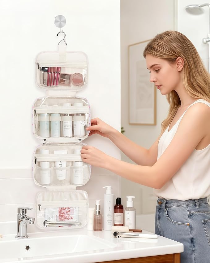 Narwey Hanging Toiletry Bag for Women Travel Makeup Bag Organizer Toiletries Bag for Travel Size Essentials Accessories Cosmetics (Bowknot and Flower (Medium))