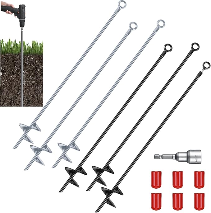 Lasnten 30 Inch Heavy Duty Ground Anchor Spiral Blade Earth Anchor Kit Metal Anchor Hook Beach Sand Stakes Camping for Securing Animals, Shelters, Tents, Canopies (Black, Silver,6 Pcs)