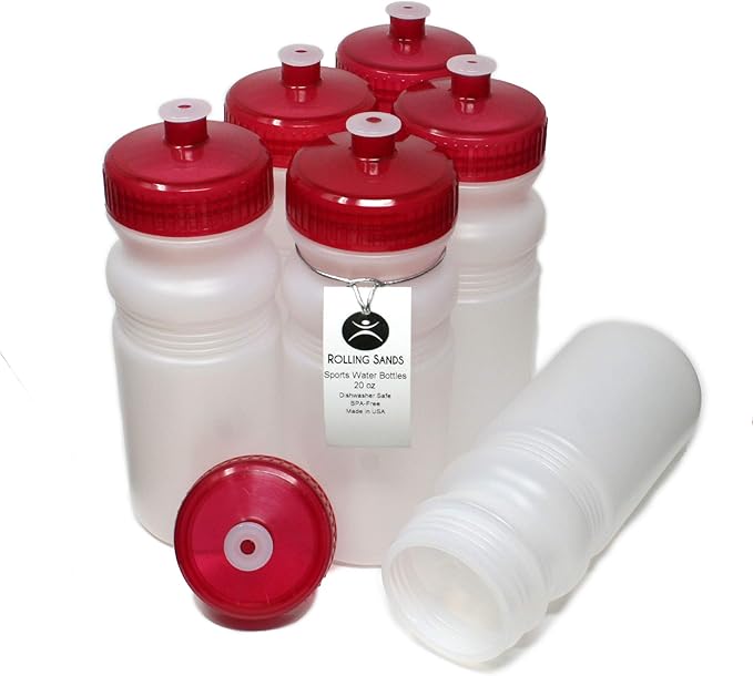 Rolling Sands USA Made 20 Ounce Sports Water Bottles - 6-Pack BPA-Free Blank Sports Bottles for Small Teams, Adults & Kids - Clear Frost Bottle/Red Lid, No Smell No Taste