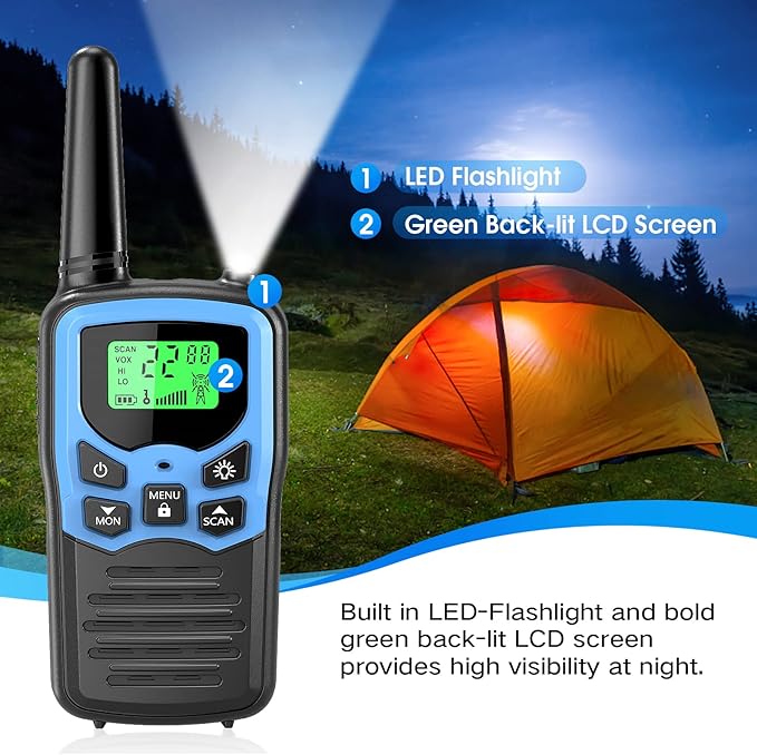Walkie Talkies,MOICO Long Range Walkie Talkies for Adults Two-Way Radios with 22 Channels FRS VOX Scan LCD Display with LED Flashlight for Field, Survival Biking Hiking Camping 2 Pack (Blue)
