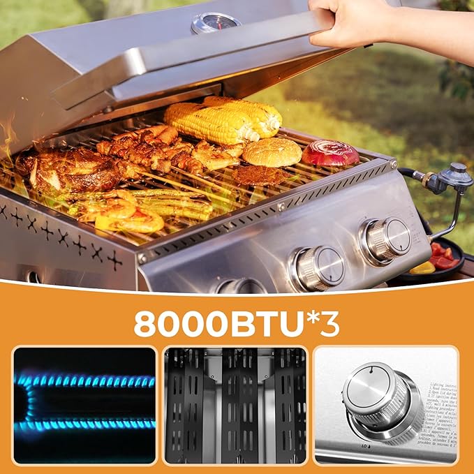 R.W.FLAME Premium 3 Burner Tabletop Propane Gas Grill Stainless Steel Portable Outdoor BBQ Grill with Griddle,24,000 BTU Multi-Zone Cooking,Built-in Thermometer,Backyard,Camping & Patio Gatherings