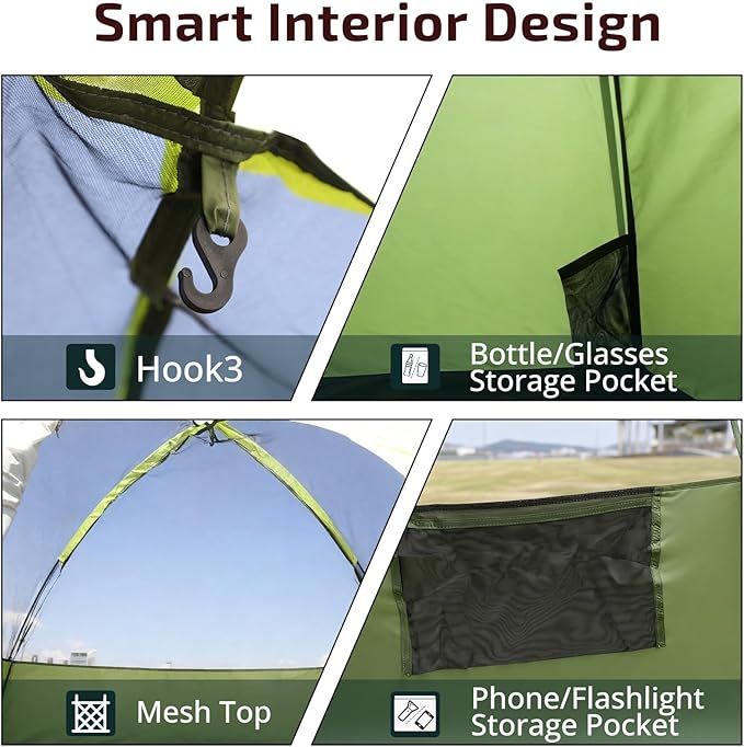 Golabs CT1 2 Person Camping Tent, Easy Set Up in 3 Mins, PU1500mm Waterproof w/Mesh Top & Door with Ventilation, Lightweight 4.4lbs Portable Family Tent with Carry Bag &Interior Storage Pockets &Hook