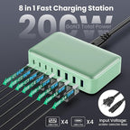 USB C Charger 200W USB C Charger Block GaN III 8-Port Fast Charging Station PD 65W Laptop Charger Adapter Compatible with MacBook Pro/Air,DELL,HP Surface,iPhone 15/14/13,Galaxy S23/22 (G)