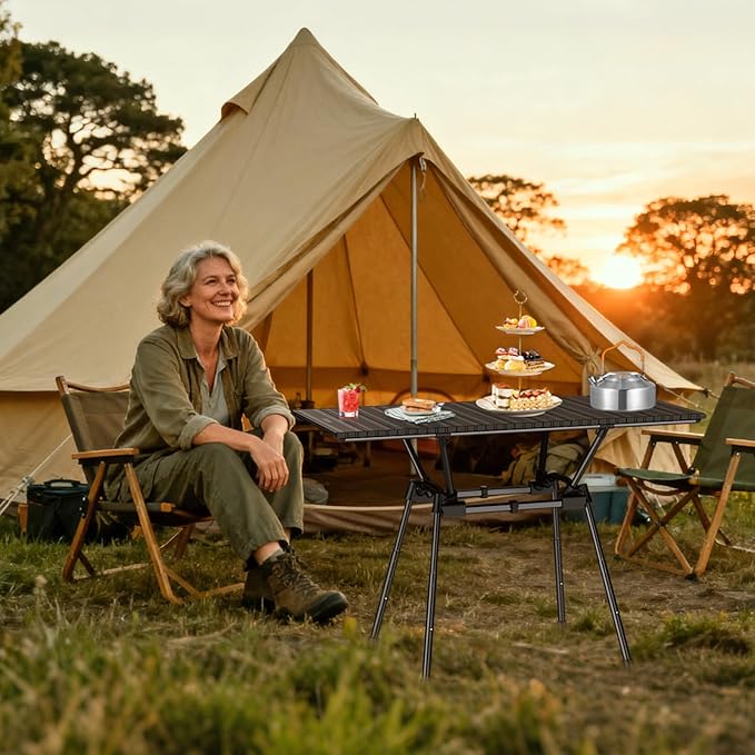 3ft Camping Table Foldable, 4 Adjustable Heights Waterproof Aluminum Roll Up Camping Table with Carrying Bag, Lightweight, for Garden, Picnic, Outdoor, Travel, Backyard, Beach, 35” X 16”, Black