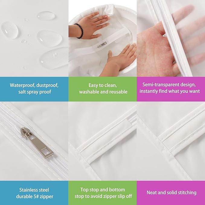 Hanging Garment Bags 7 Piece Set - 60 Inch Translucent Dust Proof Clothes Bag White Breathable Full Zipper Dust Cover for Suit Dance Costumes Gown Dress.