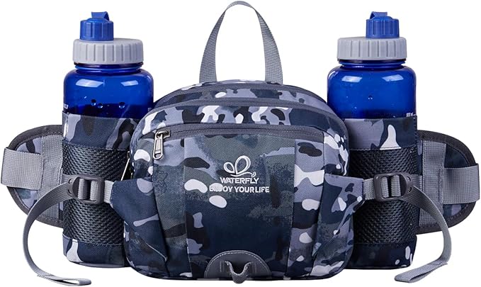 WATERFLY Fanny Pack Waist Bag: Fannie Pack 2 Water Bottle Holders Lumbar Belt Hiking Walking Running Jogging Camping Large Woman Man (Bottle Not Included)