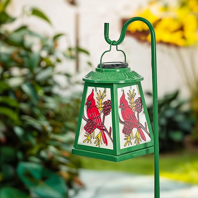 Solar Lantern with Shepherd Hook, Cardinal Hanging Solar Lantern Light, Outdoor Waterproof Glass Lanterns Metal Decorative for Garden Patio Yard Pathway, Gifts for Mom Women, Cardinal