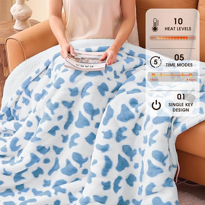 Cow Print Heated Electric Blanket Throw,50X60 Blue Heating Blanket with 10 Heats Levels & 8 Hours Auto Off,Cute Cow Decor Stuff Soft Fleece Sherpa Blankets Warmer Gifts for Women Washable,ETL
