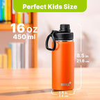 16 oz Water Bottle Stainless Steel Vacuum Insulated Wide Mouth Sports Flask, 2 Pack Water Bottle with Leakproof Spout Lid (Orange-Black)