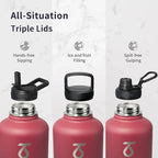 Trebo Insulated Water Bottle 64 oz, Half Gallon Metal Vacuum Water Jug with Paracord Handle and 3 Lids, Leakproof BPA-Free Flask for Gym Sports Hiking Travel, Keep Cold 48 Hours, Ruby Red