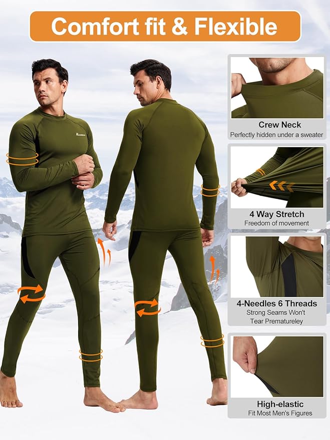 romision Thermal Underwear for Men Long Johns Fleece Lined Hunting Gear Bottom Top Set Base Layer for Cold Weather Gift