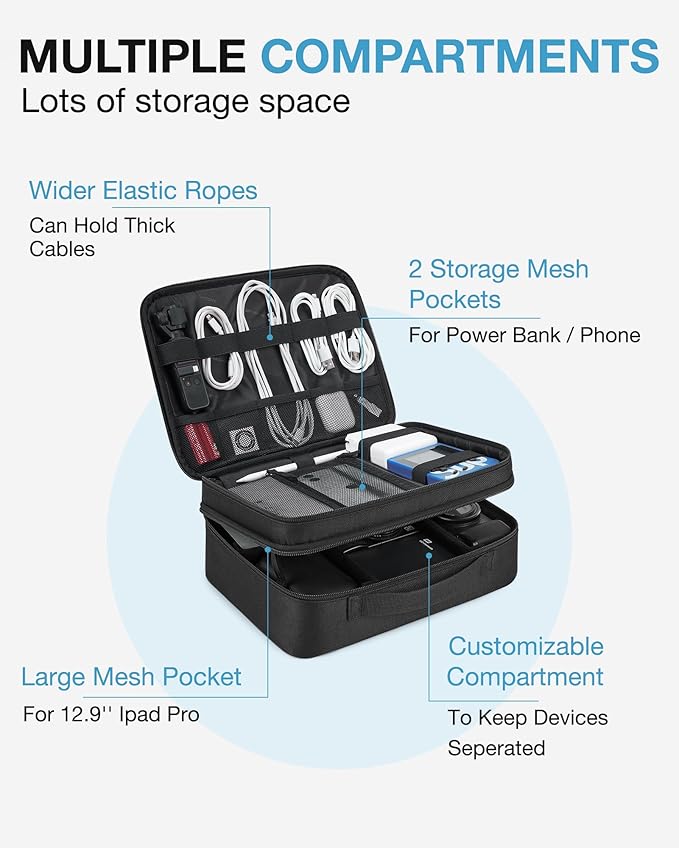 BAGSMART Cable Organizer Bag, Travel Electronics Organizer with Adjustable Divider, Tech Bag Carrying Case, Storage Bag Sturdy Tool Case with Handle for Cellphone Cord Electronics Accessories, Black
