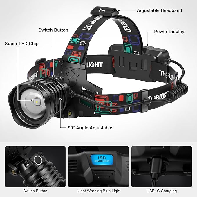 azamine Rechargeable Headlamp Super Bright 99000 Lumens, 2Pack LED Head Lamp with 3 Modes, 90° Adjustable Head Lights for Forehead, IPX6 Waterproof HeadLamps for Adults Camping Hunting Hiking