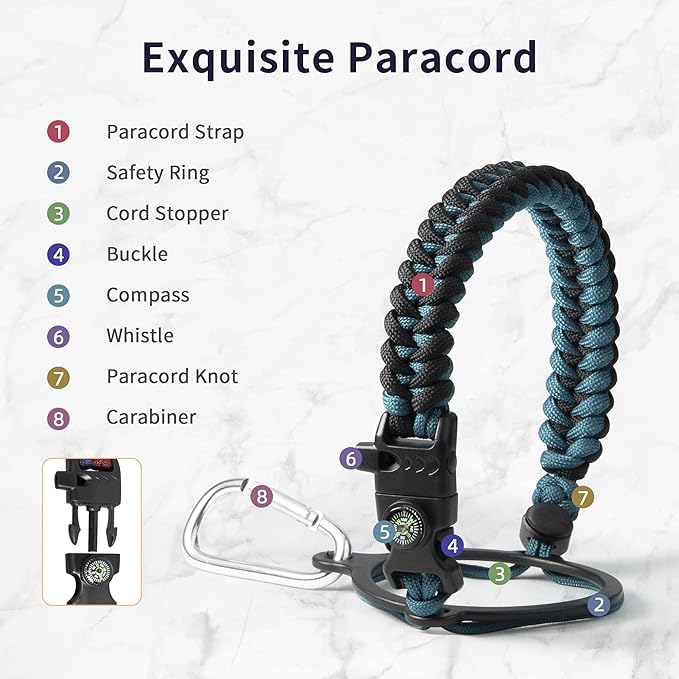 Trebo 32oz Water Bottle Insulated with Lid and Straw,Double Wall Vacuum Stainless Steel Metal Tumbler Sports Flask with Paracord Handle, Keep Cold 48 Hours Water Cup with 3 Lids, Indigo/Black