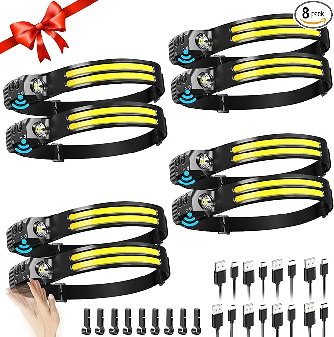 Rechargeable Headlamp 8 Pack, LED Headlight Flashlight Super Bright with 230° Wide Beam, Motion Sensor, 5 Modes Waterproof Head Lamp for Outdoor Hiking Running Camping