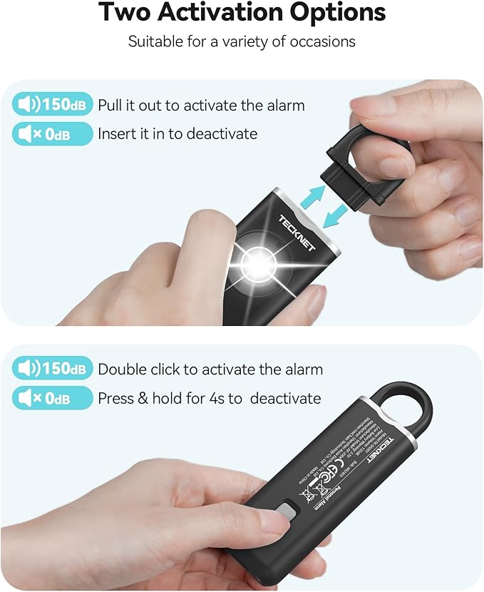 TECKNET Rechargeable Personal Safety Alarm for Women, 2-Pack 130dB Personal Alarm with SOS Strobe Light, Low Battery Notice, Keychain Alarms Loud Siren for Girls Kids Elderly
