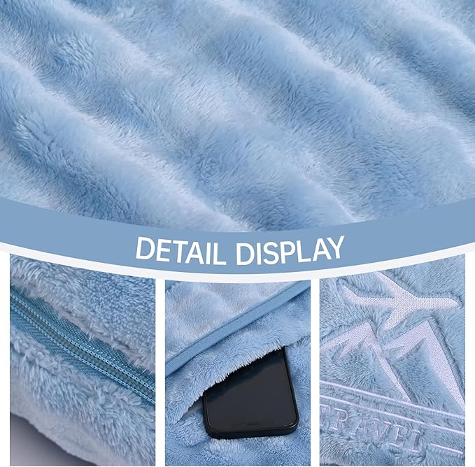 Travel Blanket and Pillow-2-in-1, Ultra-Soft&Compact, One-Piece Airplane Blanket with Hand Luggage Belt and Backpack Clip,Travelers Accessories Gifts, 61x43 Inches (Blue)