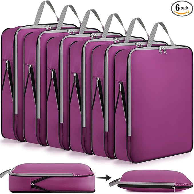 Hosuly 6 Pcs Large Compression Packing Cube Bag Travel Expandable Space Saving Organizers for Luggage Storage(Purple,17.3 x 12.6'')