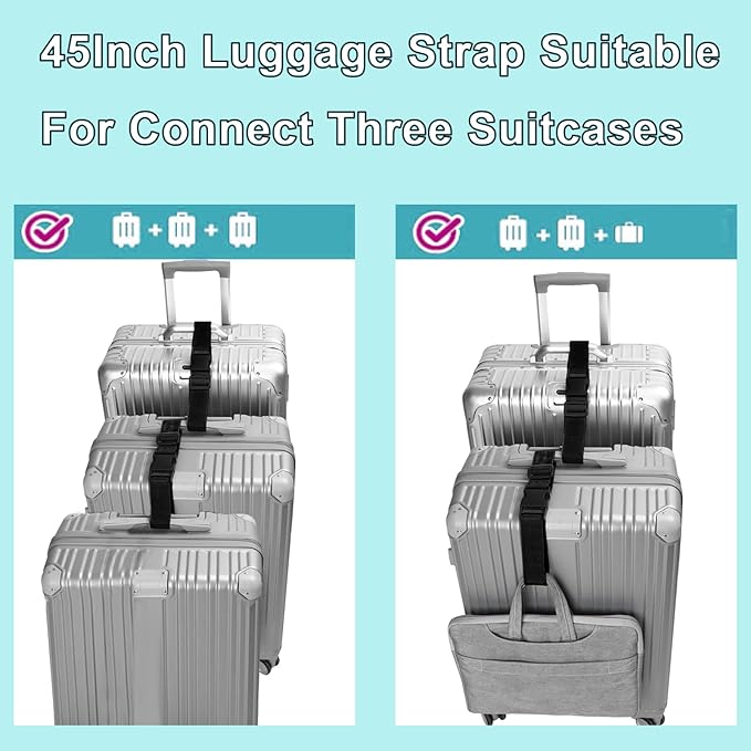 2Pack Luggag Straps for Carry On Bag, Adjustable Suitcase Belt Add Bag Travel Attachment Accessories for Connect Your 3 Luggages, Blue