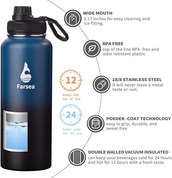 Farsea Insulated Water Bottle With Paracord Handle, Protective Silicone Boot and 2 Lids (Straw Lid & Spout Lid), Stainless Steel Water Bottle Wide Mouth, Double Wall Sweat-Proof BPA-Free, 40 oz