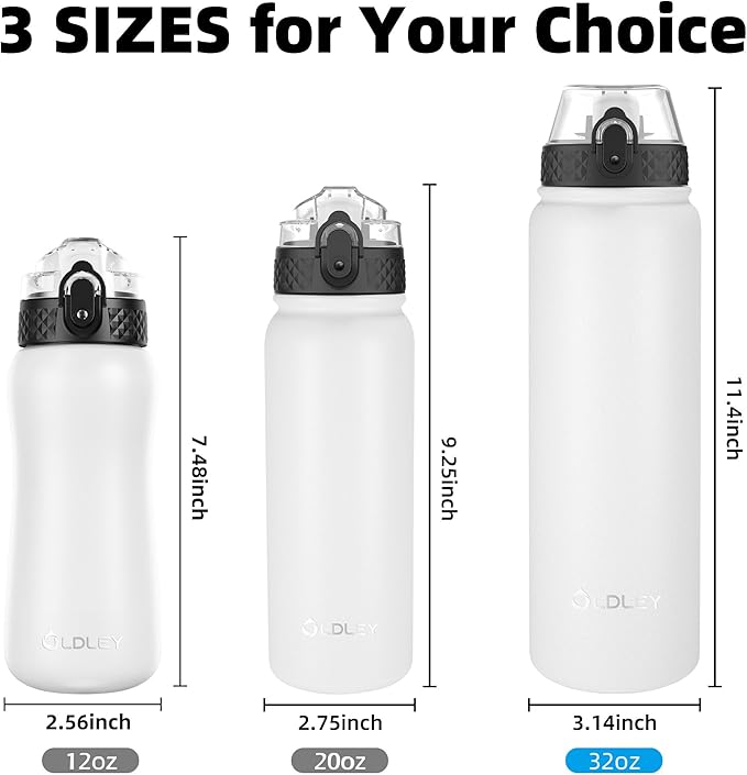 OLDLEY Insulated Water Bottle 32oz Water Bottles with Straw, Stainless Steel Water Bottle with 3 Lids, Double Wall Vacuum Bottles for Adult Kids, Sports Bottles for School Travel,White