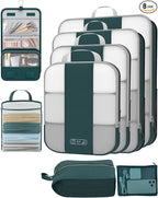 8 Set Compression Packing Cubes for Travel Essentials,Compressible Expandable Packing Cubes for Suitcase,OlarHike Luggage Organizer Bags for Travel,Handy Helper for Organizing Clothes(Dark Blue Green)