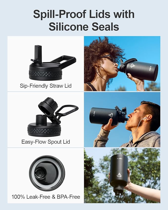 64oz Insulated Water Bottle,Half Gallon Water Flask Stainless Steel Vacuum, Cold for 48 Hrs,BPA-Free & Leakproof -with Paracord Handle,Strap,Straw Spout Lids,Large Jug for Gym Sports,Black