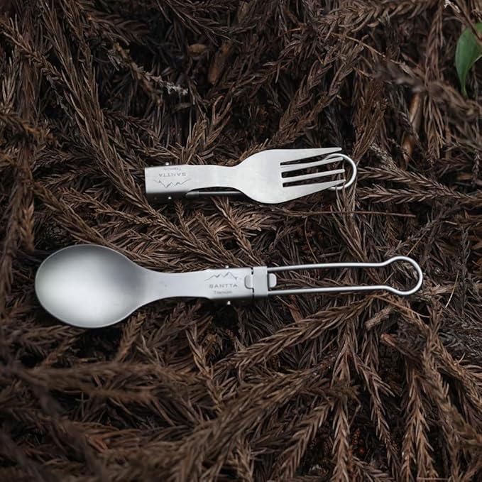 SANTTA Light Weight Titanium Folding Fork Spoon 2 Piece Utensil Set with Carry Bag and Carabiner for Camping, Hiking, Backpacking and Travelling
