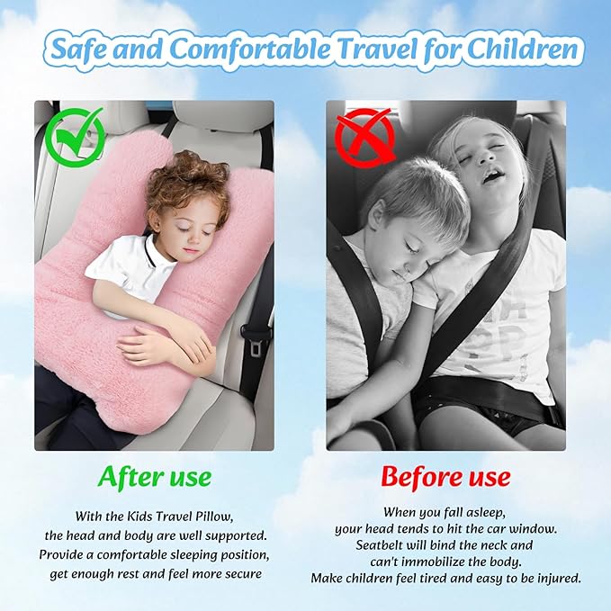 Swemos Travel Pillow, Car Pillow for Kids & Adults - Ergonomic Travel Pillows Sleeping Aid for Neck & Body Support, Car Travel Essentials Pillow on Road Trips-Gray (Blue)