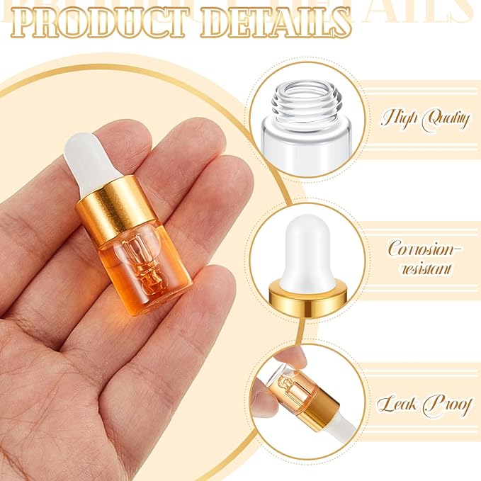 100 Pcs Mini Glass Oil Dropper Bottle Bulk, Clear Essential Small Empty Bottles Sample Containers Perfume Liquid Vials with Cap for Traveling (2 ml,Gold)