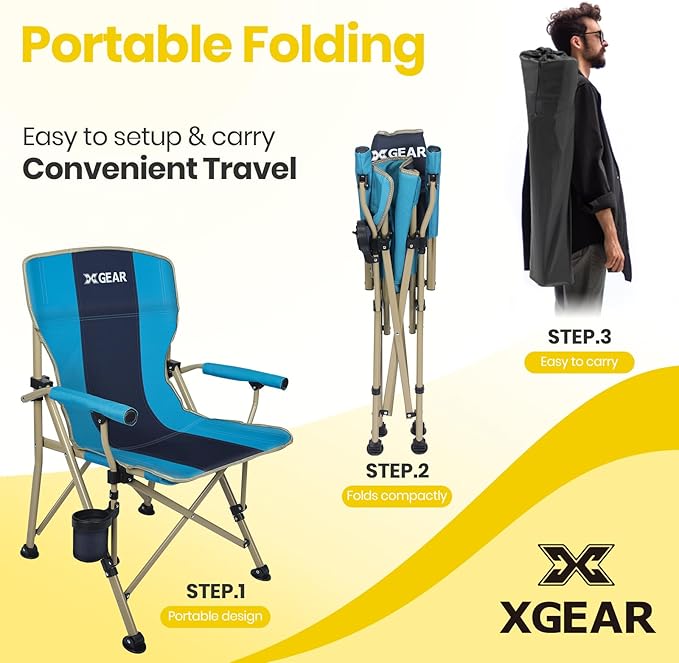 XGEAR Camping Chair with Padded Hard Armrest, Sturdy Folding Camp Chair with Cup Holder, Storage Pockets Carry Bag Included, Support to 400 lbs