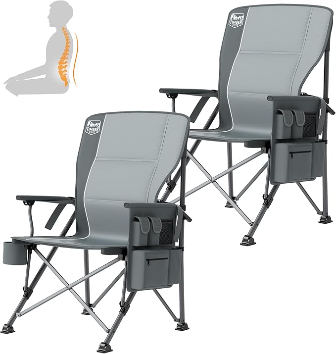 TIMBER RIDGE Oversized Folding Camping Chair with Lumbar Support Adjustable High Back Heavy Duty for Adults Support up to 500lbs with Cup Holder, Cooler Bag, Side Pocket, Grey
