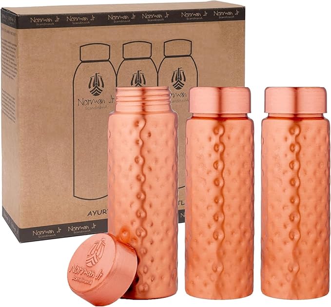 NORMAN JR Copper Water Bottle 400ml - Gift Box of 3, Slim Hammered, an Ayurvedic vessel made of pure copper - helps you drink more water with many health benefits