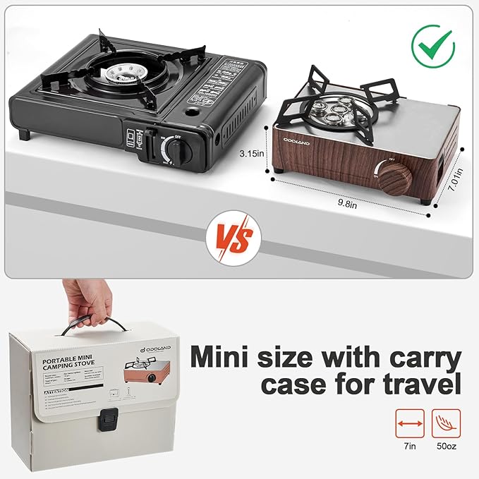 Odoland 7500BTU Camping Butane Stove with Compact Carry Case, CSA Certified Portable Gas Stove for Backpacking,Picnic,Outdoor Adventures,Brown