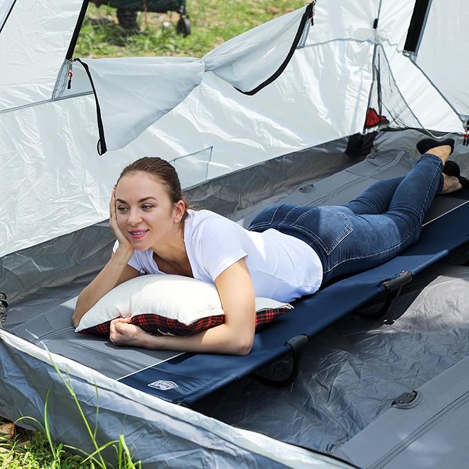 TIMBER RIDGE Lightweight Aluminum Camping Cot, 20-Second Quick Set-Up Folding Cot with Zipper Closure, Portable Carry Bag Included for Camping, Travel and Outdoors, Support up to 225lbs, Blue 2pcs