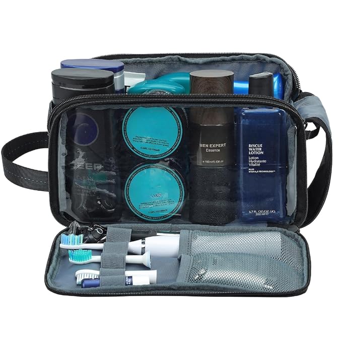 ZEEMO Travel Toiletry Bag for Men, Medium Water-Resistant Double-Sided Full-Open Dopp Kit, Versatile Organizer for Shower and Hygiene Accessories, Bathroom Essentials, Cosmetics, Black