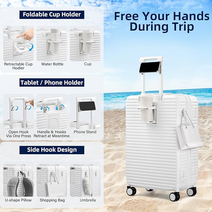 Hard Shell Suitcases 24 Inch Check in Luggage with Spinner Wheels Cup Holder, Lightweight Top Opening Expandable Luggage Hard Case Rolling Medium Checked Suitcase with Lock, White
