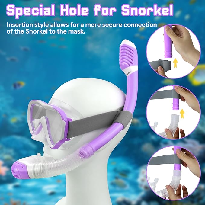 Vvinca Snorkeling Gear for Kids Dry Top Kids Snorkel Set for Boys Girls Junior Youth Children Age 4-14 Swim Goggles with Nose Cover Anti-Fog Panoramic View Adjustable Elastic Diving Mask and Snorkel