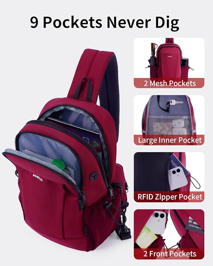 ECOHUB Crossbody Bags for Women Men, Anti-Theft RFID Blocking Roomy Sling Backpack with Sturdy SBS Zippers Water Resistant Chest Shoulder Bag Daypack with 9 Pockets Casual Outdoor Hiking, Red