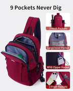 ECOHUB Crossbody Bags for Women Men, Anti-Theft RFID Blocking Roomy Sling Backpack with Sturdy SBS Zippers Water Resistant Chest Shoulder Bag Daypack with 9 Pockets Casual Outdoor Hiking, Red