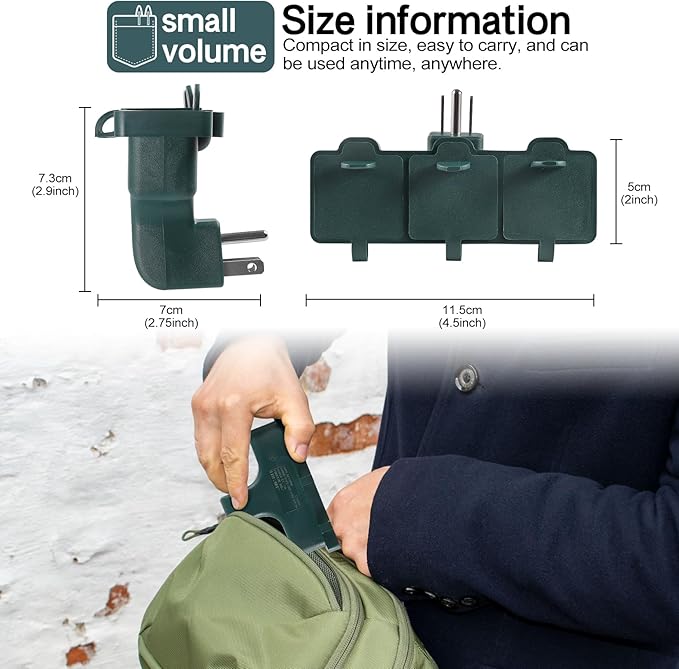 3 Outlet Outdoor Wall Adapter, UL Listed 3-Prong Grounded Outlet Splitter, Weatherproof Heavy Duty Multi Outlet Power Plug Extender with Dust-Proof Cover, Green (1 Pack)